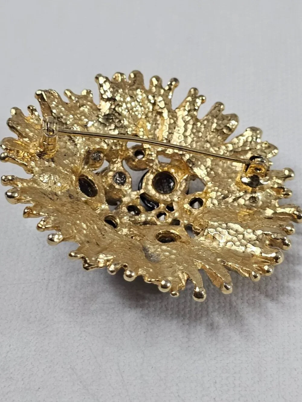 Gold Silver Tone Dome Starburst Brooch Flower Cluster AB Gray Cat Eye Unmarked
